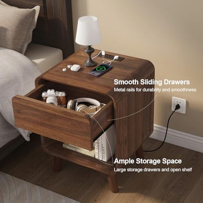 Nasonet Small Night Stand, 17.7'' Wide Bedside Table with Charging Station, Mid Century Modern Nightstands with Drawers, Bedroom Side Table End Table for Living Room, Curved Beveled Design, Walnut - color: Walnut, size: 1 Drawer