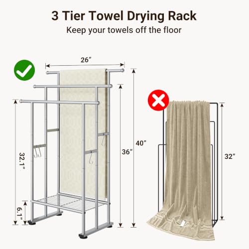 ELYKEN 3 Tier Standing Towel Rack, 40'' Tall Towel Drying Rack Outdoor, Freestanding Floor Towel Rack with Shelf, Pool Towel Blanket Stand, Metal Towel Racks for Bathroom freestanding, Smooth Silver - color: Silver