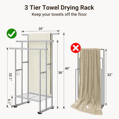 ELYKEN 3 Tier Standing Towel Rack, 40'' Tall Towel Drying Rack Outdoor, Freestanding Floor Towel Rack with Shelf, Pool Towel Blanket Stand, Metal Towel Racks for Bathroom freestanding, Smooth Silver - color: Silver