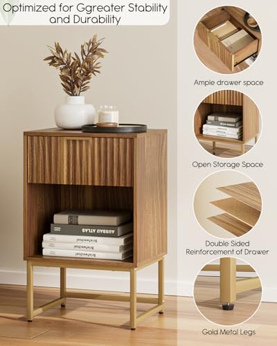 Masupu Fluted Nightstand,Modern Night Stand Wood Bedside Table with Storage Drawer Side End Table for Bedroom,Office,Walnut Brown - color: Walnut Brown