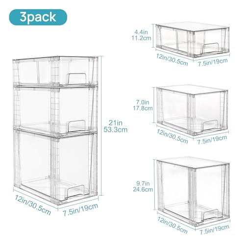 Vtopmart 3 Pack Clear Stackable Storage Drawers,Easy to Assemble Bathroom Organizers and Storage with handles,Plastic Drawers for Kitchen Pantry,Cabinet,Under Sink Organization | Tall, Medium and Small Pull-Out PET Drawers with Stackable Design for Bathro