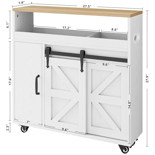 IRONCK Toilet Paper Cabinet, Slim Bathroom Cabinet with 4 Rolling Wheels, Farmhouse Slim Storage Cart with Paper Holes, Sliding Doors and Adjustable Shelf for Small Space, White/Natural