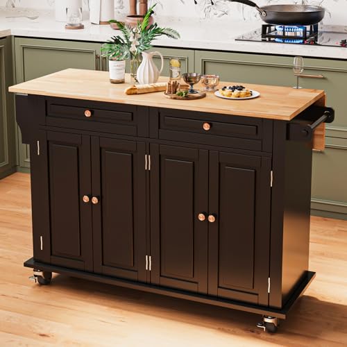Kitchen Island with Drop Leaf, Rolling Mobile Kitchen Island on Wheels with Drawer and Storage Cabinet, Spice Rack, Towel Bar, Black - size: 51.2" W, style: Black