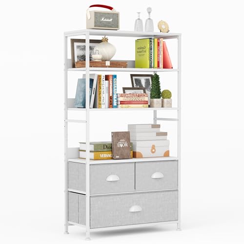 6 Tier Bookshelf, Bookcase with 3 Storage Drawers, Wood and Metal Book Shelf Storage Organizer, Industrial Display Standing Shelf Unit for Bedroom, Living Room, Rustic Brown, White - color: White