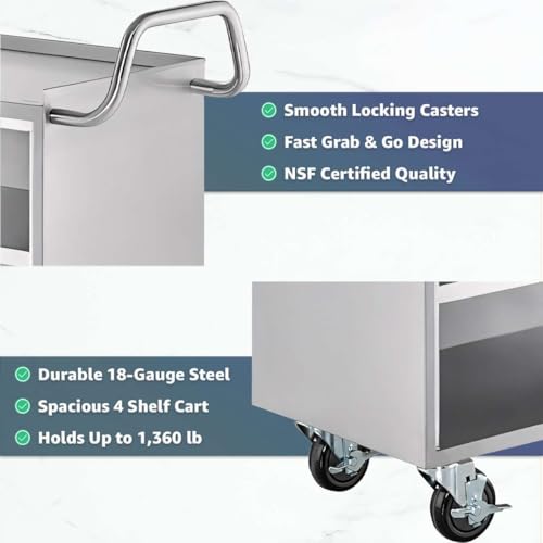 18" x 30" Commercial NSF Stainless Steel Utility Cart with Enclosed Base and Open Front - 4 Shelves, Heavy Duty Mobile Service Cart, Rolling Cart for Kitchen, Catering, Restaurant Storage - size: 4 Shelf