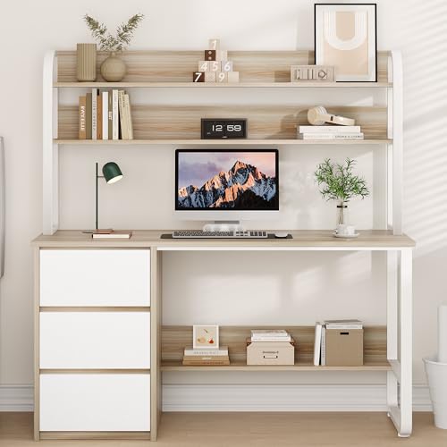 MaverickFurni Computer Desk with 3 Drawers and Shelves, 55 Inch Desk with Hutch for Small Spaces, Study Writing Desk with Shelves for Bedrrom, Adjustable Feet, Light Walnut - color: Light Walnut, size: 55"W