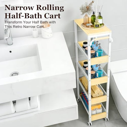 Utility Slim Storage Cart with Wheels, 4 Tier Slim Rolling Cart, Slim Rolling cart for Kitchen,Small Rolling Cart with Wood Top, Skinny Metal Organization Trolley Laundry with Handle for Small Space