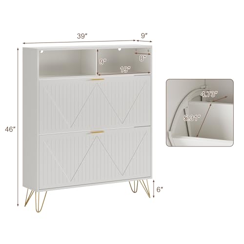 JOZZBY Shoe Cabinet Storage with 2 Striped Flip Drawers, Freestanding Slim Shoe Organizer Cabinet with Top Shelves, Narrow Shoe Rack for Entryway, Hallway, Living Room, White - size: Striped