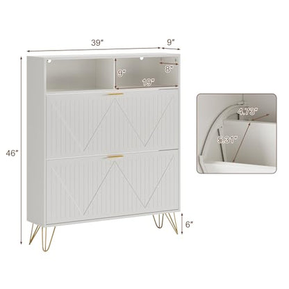 JOZZBY Shoe Cabinet Storage with 2 Striped Flip Drawers, Freestanding Slim Shoe Organizer Cabinet with Top Shelves, Narrow Shoe Rack for Entryway, Hallway, Living Room, White - size: Striped
