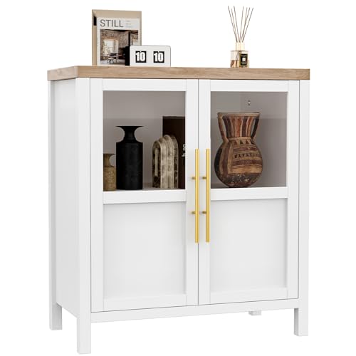 GarveeHome Sideboard Buffet Cabinet with 2 Glass Doors, 29.5 in Buffet Table Coffee Bar Wine Bar Display Cabinet for Kitchen Dining Room, Living Room (Glass with 2 Doors, White) - color: White, style: Glass with 2 Doors