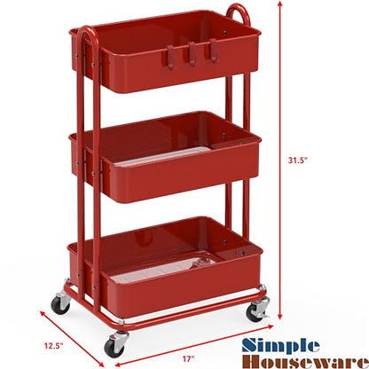 Simple Houseware 3-Tier Heavy Duty Metal Utility Rolling Cart, Red - color: Red