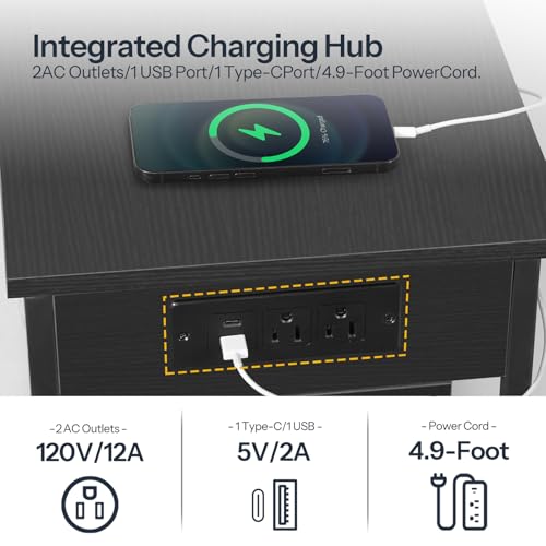 HOOBRO Narrow End Table with Charging Station & LED Lights, Slim Nightstand with 2 Fabric Drawers and Open Shelves, Narrow Side Table for Living Room, Bedroom, Black BB430UDBZ01 - color: Black
