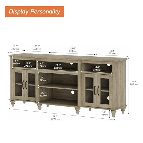 WAMAPT Buffet Cabinet with 4 Glass Doors, Large Coffee Bar Tables Wood Kitchen Storage Cabinets with 9 Storages, Modern Farmhouse Sideboard Credenza, Wash Gray, 70 inch - color: Wash Grey