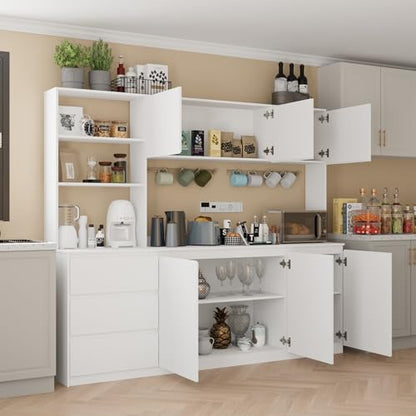 Mekminop Extra Large Kitchen Pantry with Microwave Shelf, Kitchen Hutch Storage Cabinet with Countertop, Freestanding Countertop Cabinet with 3 Drawers and 3 Open Shelves, White - color: White, size: 82.7" Wide