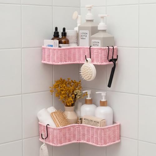 GRANNY SAYS Wicker Corner Showers Caddy Hanging, Bathroom Showers Organizer | Pink Shower Shelf for Inside Showers, Adhesive Shelf for Storage, Bathroom Shelves Wall Mounted with 4 Hook for Decor,2 Pack - color: Pink, size: Corner
