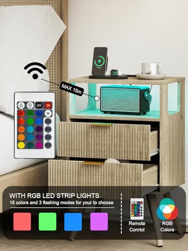 Leomonio Nightstand with Charging Station and LED Lights, Modern Bedside Table with 2 Storage Drawer and Open Wood Shelf for Bedroom and Small Spaces, Night Stand with Solid Wood Legs - color: Grey Oak-outlet