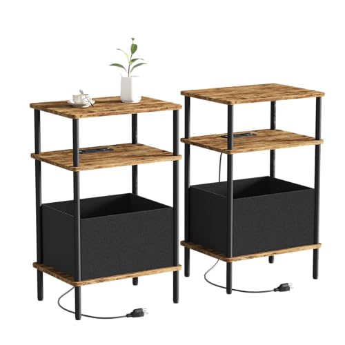 Small Side Table with Charging Station, Set of 2 End Table for Small Spaces, Slim Nightstand with Outlet,Sofa Beside Table,Living Room, Bed Room, Rustic Brown - color: Rustic Brown