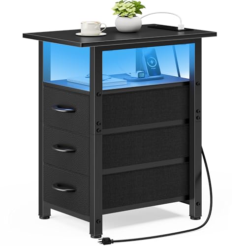 Vagusicc Black Nightstand with Charging Station and LED Lights, Narrow End Table, LED Nightstand with 3 Fabric Drawers for Bedroom, Small Night Stand, Narrow Side Table for Small Spaces, Black - color: Black, size: 1, style: With Power & LED