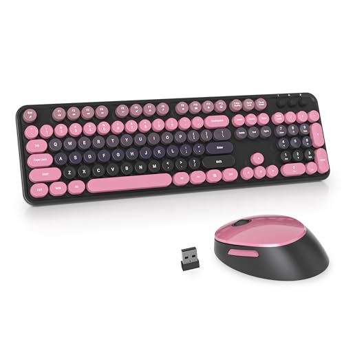 Guffercty kred Black and Pink Keyboard and Mouse Wireless, Retro Typewriter Cute Colorful Wireless Keyboard Full-Size 2.4GHz with Round Keycaps for Desktop Laptop and PC (Pink Plum) - color: Pink Plum