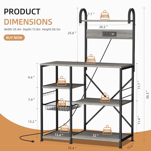 Shintenchi Kitchen Bakers Rack with Power Outlet, Multifunctional Organizer & Storage with 6 Hooks, Microwave Oven Stand, and Coffee Station Shelf, Grey - color: Gray