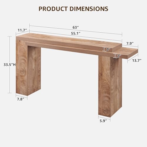 OKD 63" Modern Geometric Console Table with Layered Top, Light Tree Knot | Extended Layered Top, Sturdy Support Legs, Entryway, Hallway, Foyer, Living room, Behind Sofa - color: Light Tree Knot