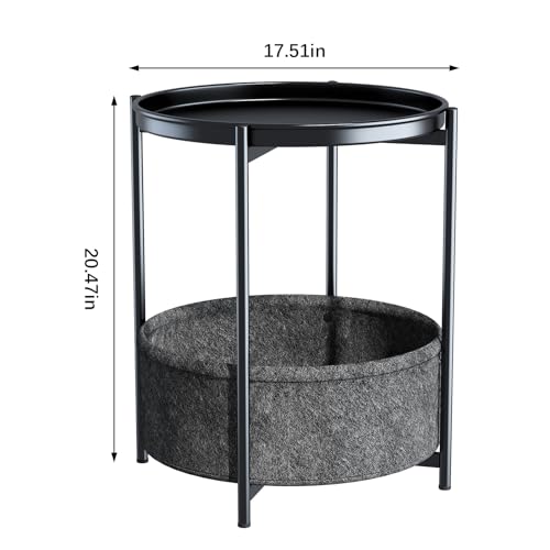 Garden 4 you Side Table with Fabric Storage Basket, Round Metal End Table, Small Bedside Table Nightstand with Removable Tray, for Nursery, Living Room, Bedroom, Bathroom, Black - color: Black