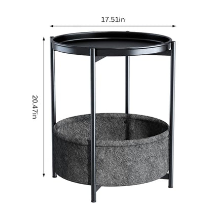 Garden 4 you Side Table with Fabric Storage Basket, Round Metal End Table, Small Bedside Table Nightstand with Removable Tray, for Nursery, Living Room, Bedroom, Bathroom, Black - color: Black
