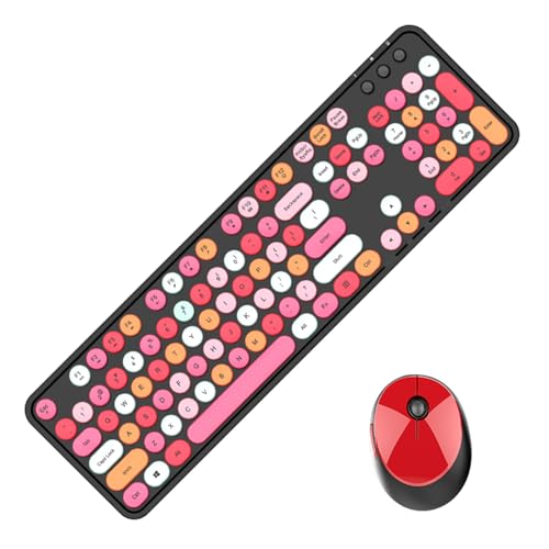 GTSP Colorful Wireless Keyboard and Mouse Combo, Cute Keyboard Retro Typewriter with Round Keycaps for Computer Laptop Desktops PC Mac 2.4GHz Dropout-Free Connection (Multicolor Black) - color: Multicolor Black