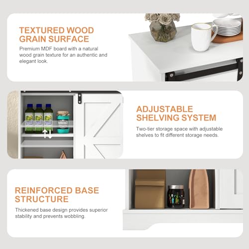 Panana Sliding Barn Door Buffet Sideboard Storage Cabinet Coffee Bar Kitchen Farmhouse Style (White) - color: White