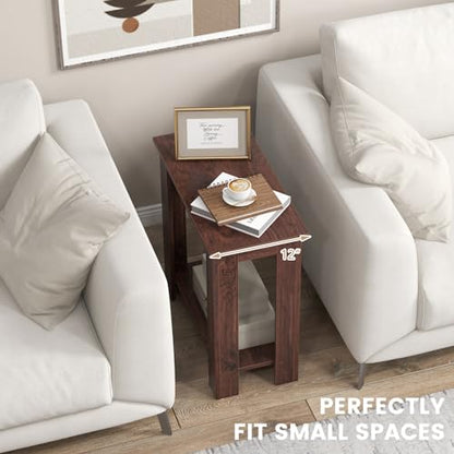 Giantex Narrow End Table Set of 2, 2-Tier Side Table with Open Storage Shelf, Retro Wood Sofa Table Bedside Tables for Small Spaces, Slim Nightstand for Living Room, Bedroom, Easy Assembly, Walnut - color: Walnut