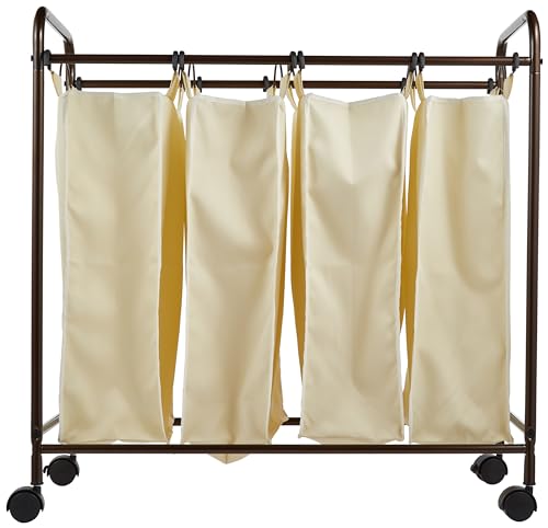 Household Essentials 7173 Rolling Quad Laundry Sorter with Removable Hamper Bags | Antique Bronze Frame - color: Natural/Bronze