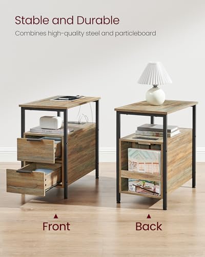 VASAGLE Side End Table with Charging Station, Slim Nightstand with 2 Drawers, Narrow Bedside Table for Living Room, Small Spaces, Turquoise Brown and Ink Black ULET321B60V1S - color: Turquoise Brown + Ink Black, size: 23.6"D x 11.8"W