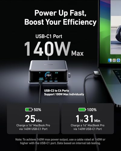 Anker Prime Charging Station, 250W 6-Port GaN USB C Charger, 2.26" LCD Smart Display Control, Compatible with iPhone, Galaxy, MacBook, Dell for Home Office, Gaming Desk Accessories