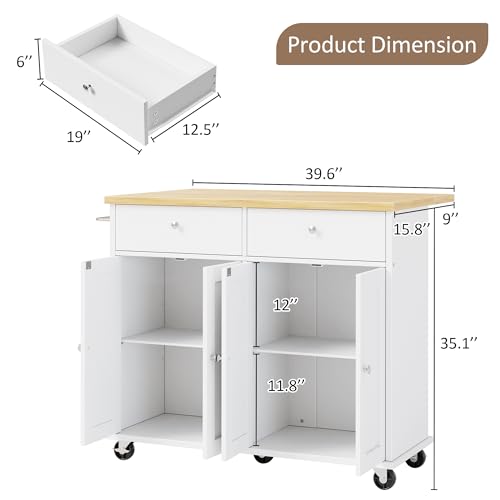 SUNLEI Kitchen Island with Storage, Kitchen Island on Wheels with Drop Leaf, Rolling Kitchen Island Cart with Cabinet and Drawers, Mobile Kitchen Storage Cart for Dining Room, White - style: White