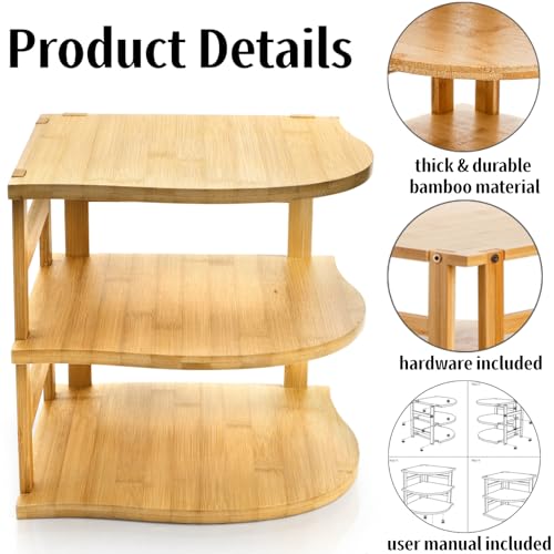 Goaste 3-Tier Bamboo Corner Shelf, Kitchen Countertop Storage Organizer, Cabinet Plate Rack for Pantry Organization, Bathroom, Desktop, 9.5 x 9.5 x 9.5 Inch