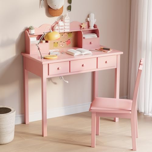 FUNKOCO Home Office Furniture Writing Desk,Computer Work Station with Detachable Hutch,5 Drawers(Pink) - color: 2-pink