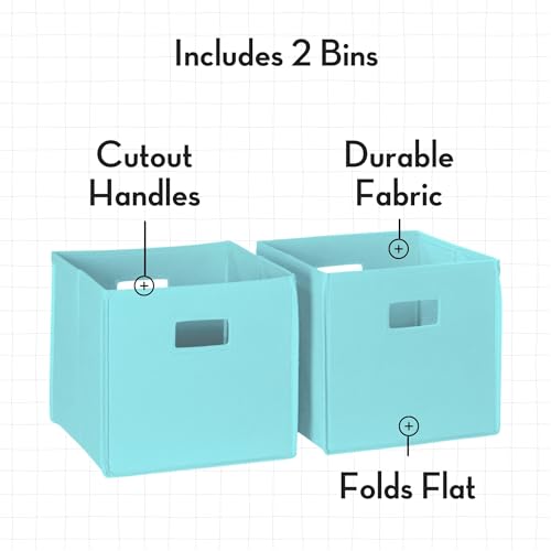 RiverRidge Folding Storage Bins - 2-pack of 10in Tall Aqua Cubes | Fabric Bins, Set of 2 Storage Cubes, Cut-out Handles, Playroom Closet Organizer, Collapsible Cubby with Bottom Board Insert - color: 2 Aqua 10in H Bins