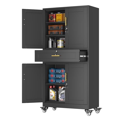 PAOFIN Metal Tall Storage Cabinet with Drawer, Garage Storage Cabinet | with Locking Doors and 3 Adjustable Shelves, 74" H Steel Cabinets for Garage, Home, Office, Black, Assembly Required - color: Black, size: 71"-B