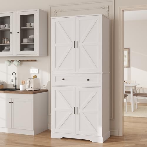 Garvee 71" Kitchen Pantry Cabinet, Barn Door Freestanding Cupboard with Drawer, Sliding Storage Rack, and 6 Hanging Shelves for Kitchen, Dining Room, Living Room Bedroom - color: White