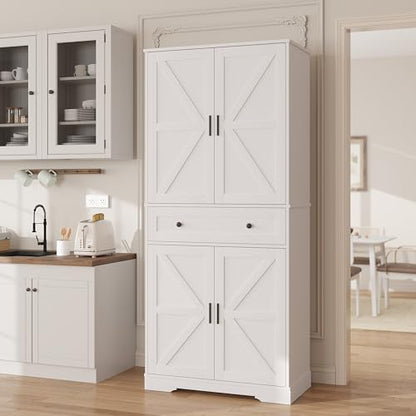Garvee 71" Kitchen Pantry Cabinet, Barn Door Freestanding Cupboard with Drawer, Sliding Storage Rack, and 6 Hanging Shelves for Kitchen, Dining Room, Living Room Bedroom - color: White