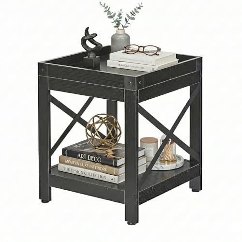 Farmhouse Square Side Table,2-Tier End Table with Storage Shelf | Modern Sofa Couch Table Bedside Nightstand With X-Frame for Living Room Bedroom Office Small spaces,Black - color: Black, style: Farmhouse