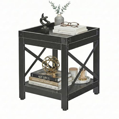 Farmhouse Square Side Table,2-Tier End Table with Storage Shelf | Modern Sofa Couch Table Bedside Nightstand With X-Frame for Living Room Bedroom Office Small spaces,Black - color: Black, style: Farmhouse