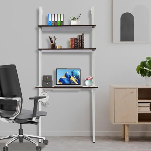 2-Shelf Industrial Wall Mount Ladder, Wall Mount Computer or Writing Desk, Computer Laptop Desk with Shelves, Floating Desk with Storage, Wall Table for Home Office, White (20"x30"x72.5") - color: White/ Brown