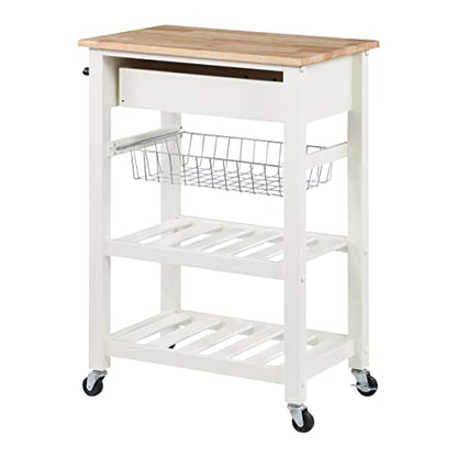 OSP Home Furnishings Hampton Kitchen Cart with Wood Top, Utensil Drawer, Under Cabinet Basket, and 2 Slatted Shelves, White Base