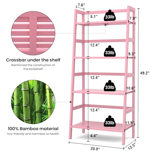 Homykic Bamboo Ladder Bookshelf, 4-Tier Ladder Shelf Open Book Shelf Freestanding Bookcase Bathroom Storage Rack Plant Stand for Living Room, Bedroom, Office, Easy Assembly, Pink - color: Pink