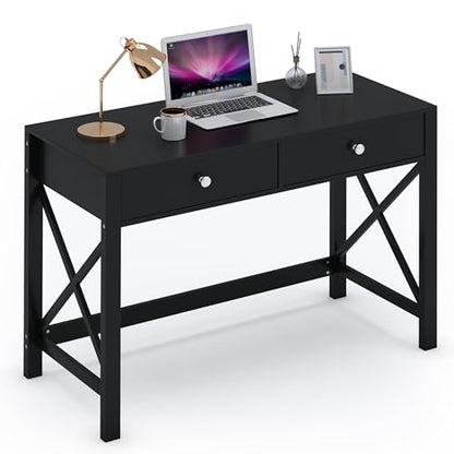 WiberWi Home Office Desk with Drawers, Modern Writing Computer Desk for Bedroom, Small Makeup Vanity Table Study Table for Home Office,Black - color: Black