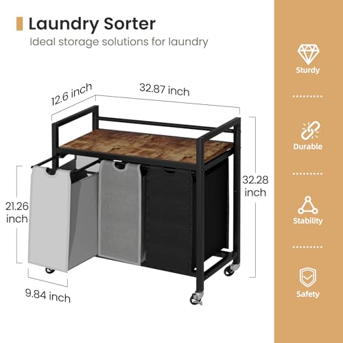 SwaaVee Laundry Sorter, Laundry Hamper 3 Section, 3×11.4Gal, Metal Frame Rolling Laundry Basket with Wooden Top Shelf, Pull out and Removable Laundry Bags, 3 Bags-Black Grey White - color: Black-Grey