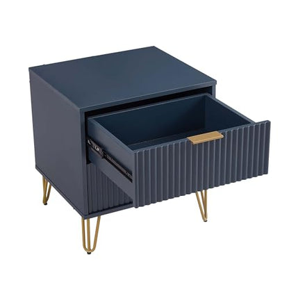 20" Sturdy Metal Legs Small Nightstand, Modern Nightstand with Textured Drawers, Storage Cabinet for Indoor Home use, Dark Blue - color: Dark Blue