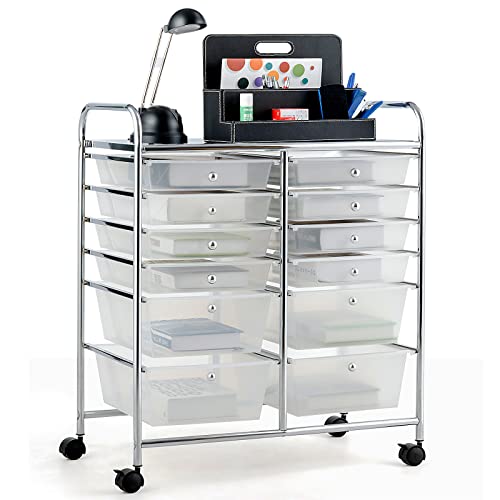 COSTWAY 12-Drawer Rolling Storage Cart, Moveable Art Craft Organizer | Lockable Wheels, Metal Shelf, Files Arrangement Tools Makeup Storage Cart for Office, Home, School (Clear) - color: Clear, size: 12 Drawer