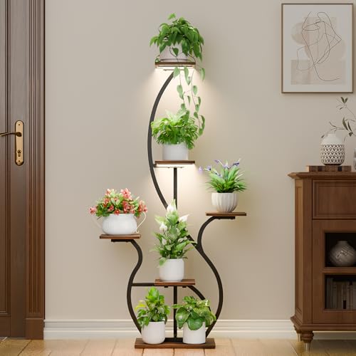 Plant Stand Indoor with Grow Light: 55" Tall Corner Shelf for Multiple Plants, Lighted Plant Stands for Indoor Growing, 6 Tiered S-Shaped Flower Display Stand for Living Room, Patio, Balcony (Black)
